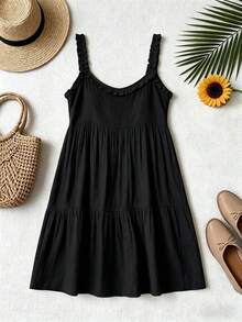 Swim Vcay Women's Summer Beach Solid Color Sleeveless Frill Trim Tie Front Cover Up Dress - Black - View 4