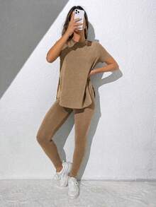 SHEIN Essnce 女款極簡純色圓領下擺開衩短袖上衣與修身長褲2件組 - 摩卡棕 - 查看 5