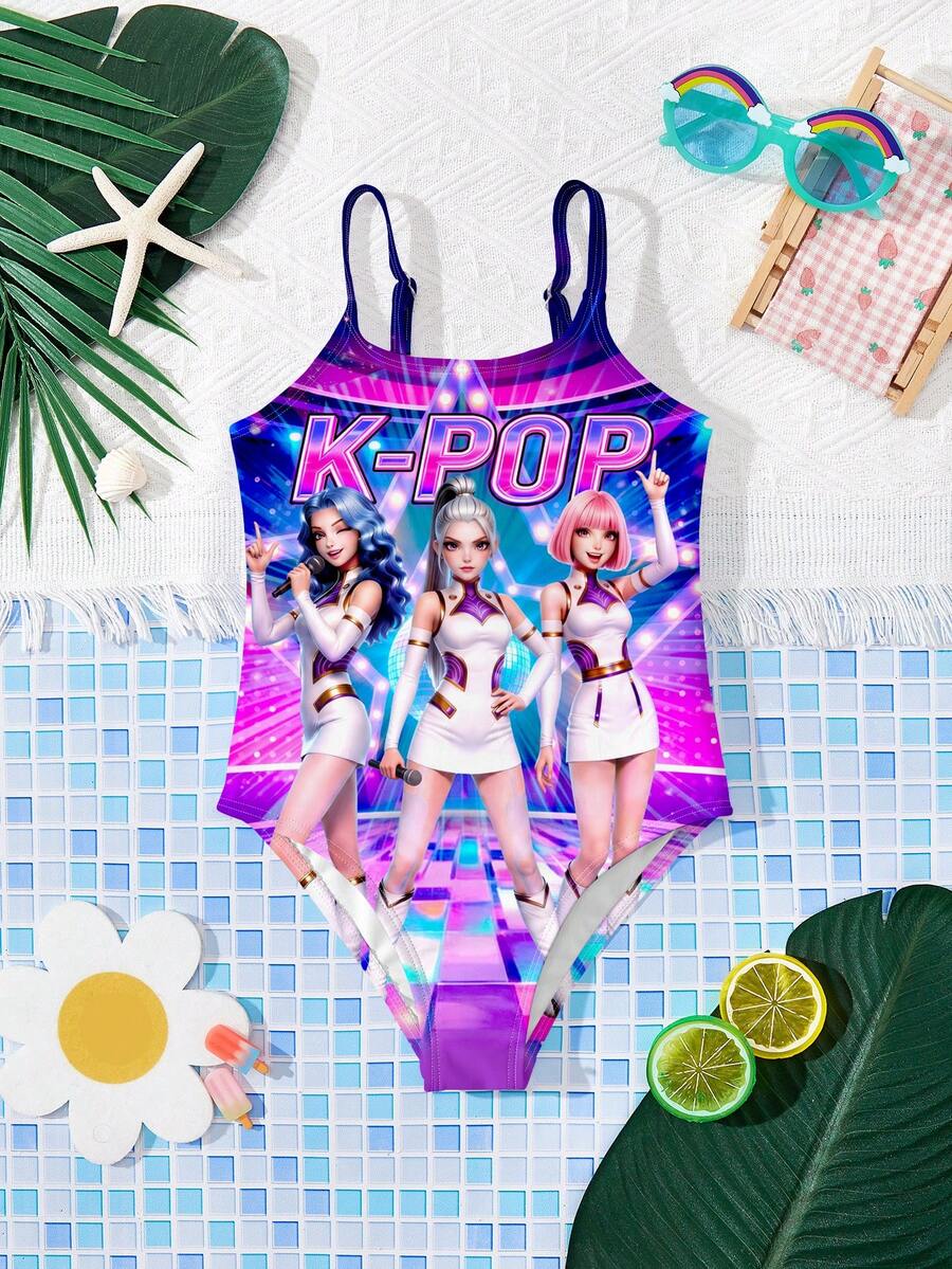 Áo tắm liền thân in hình nhóm nhạc nữ K-Pop nổi tiếng dành cho bé gái, thích hợp cho mùa hè và đi biển. - Nhiều màu - Xem 1