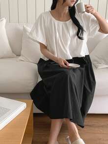 DAZY 女士撞色拼接家居服连衣裙 - 白色 - 查看 12