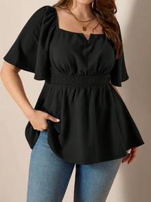 SHEIN LUNE Off-Shoulder Square Neck Flowy Hem Plus Size Blouse - Black - View 2