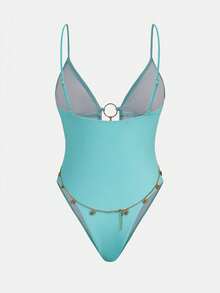 Maija Women's Vacation Chain Decor Sexy Camisole One-Piece Swimsuit Beach Party Aqua Blue Summer - Mint Blue - View 7
