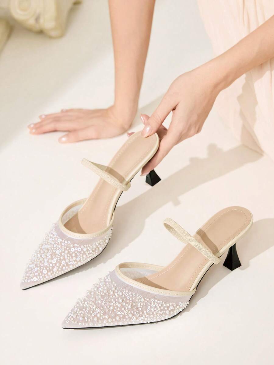 CUCCOO CHICEST Women's New Thin-Heeled Pointed Toe High Heels With Mesh, Bead, And Embroidery Decoration – Elegant And Comfortable, Perfect For Dates, Work, Parties, And Weddings - rice apricot - View 1