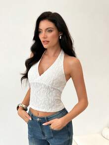 SHEIN Weißes tief ausgeschnittenes rückenfreies Crop Top, Damen Sommer figurbetontes Jacquard-Strick-Trägertop, geeignet für den täglichen Gebrauch, Dates, Nachmittagstee, Treffen mit Freunden, vielseitige Anlässe, Urlaub - Weiss - Übersicht 3