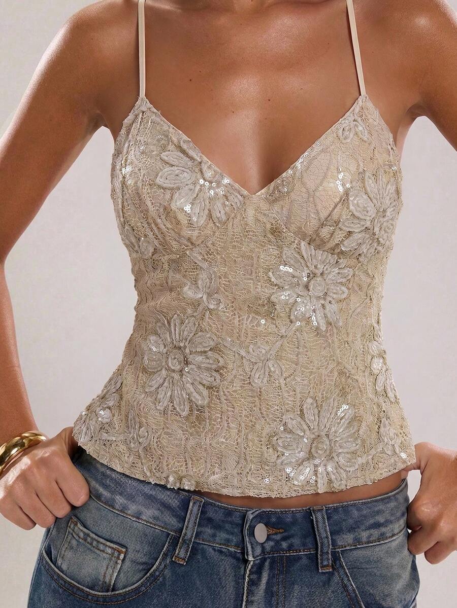 SHEIN BAE Áo hai dây nữ gợi cảm hở lưng, đính hạt, họa tiết hoa, thích hợp cho kỳ nghỉ biển, đi chơi, dạo phố, đi nghỉ mát ở biển. - Màu Khaki - Xem 1