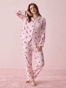 Bonmuse Striped Heart Print Women Bubble Crinkle Long Sleeve Pajama Set - Pink - View 4