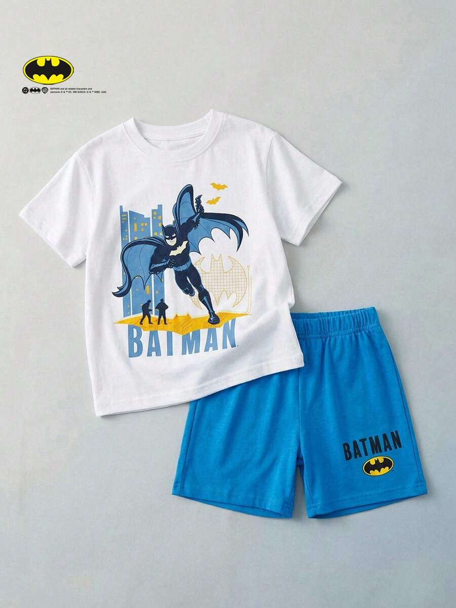 Maija Kids BATMAN X SHEIN Maija Kids 两件套男童休闲卡通图案圆领短袖T恤和短裤,适合夏季穿着 - 彩色 - 查看 1