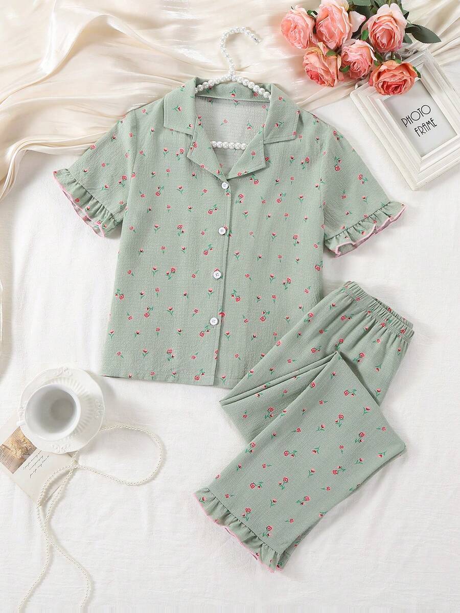 2件套少女碎花印花Polo领短袖上衣和休闲裤家居服套装 - 綠色 - 查看 1