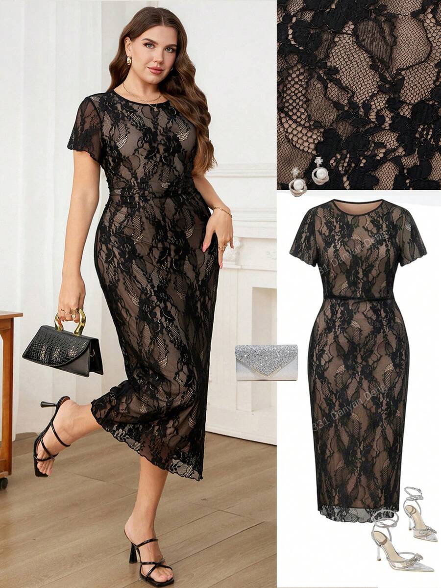 Ellevyn Đầm ren ôm dáng màu trơn thanh lịch dành cho người có thân hình đầy đặn, thích hợp cho mùa hè. - màu đen - Xem 1