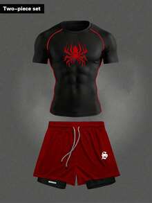 RISE LYT Men's Spider Print T-Shirt And Shorts Sports Set, Gym - Black - View 1