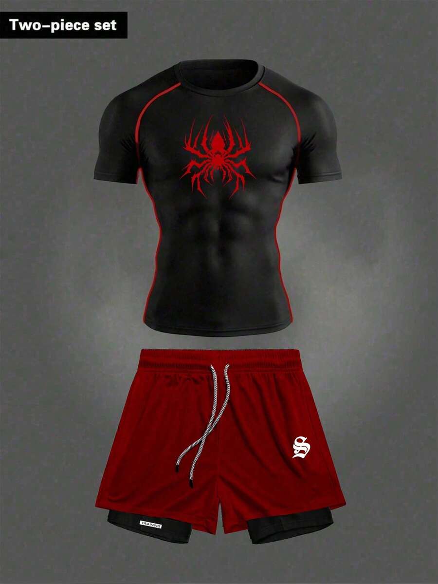 RISE LYT Men's Spider Print T-Shirt And Shorts Sports Set, Gym - Black - View 1