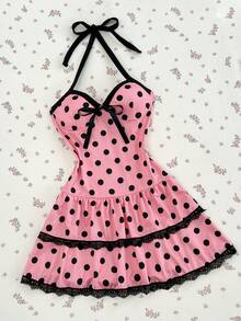 Elamini Vestido casual de fiesta con escote halter, plisado y lunares para mujer - Multicolor - Ver 5