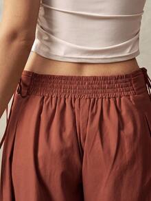 Bohemela Women's Solid Color Pleated Wide Leg Pants, Vacation - Rust Brown - View 7