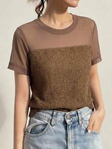 FRIFUL Women's Summer Solid Color Patchwork Sheer Mesh Slim Fit Versatile T-Shirt Going Out Tops - Brown - View 1