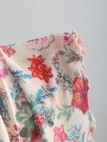 Sweetra Women's Spring/Summer Floral Print Elegant Retro V-Neck Floral Blouse, Cinched Waist Slimming Graceful Short Sleeve Top, Beach Casual Holiday Style - Apricot - View 6