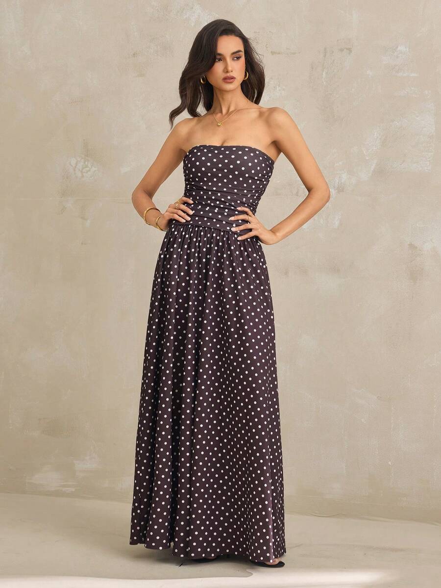 SHEIN Tall 女士波点印花收腰抹胸连衣裙，度假风，女士休闲连衣裙，长款棕色连衣裙，棕色吊带裙，棕色长款连衣裙，棕色波点连衣裙 - 棕色 - 查看 1