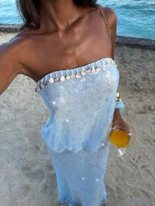 Opulessa Beaded Strapless Dress For Women - Baby Blue - View 1