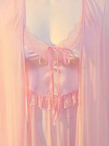 DelicateAllure Sexy Sheer Mesh Robe, Lace Patchwork Satin Mesh Nightgown, Solid Color 2-Piece Sleepwear Set For Plus Size Women - Baby Pink - View 8