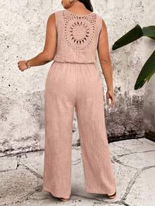Breezaya Mono de talla grande de unicolor con cuello redondo, espalda descubierta, sin mangas, cintura elástica y botones - Rosa - Ver 2