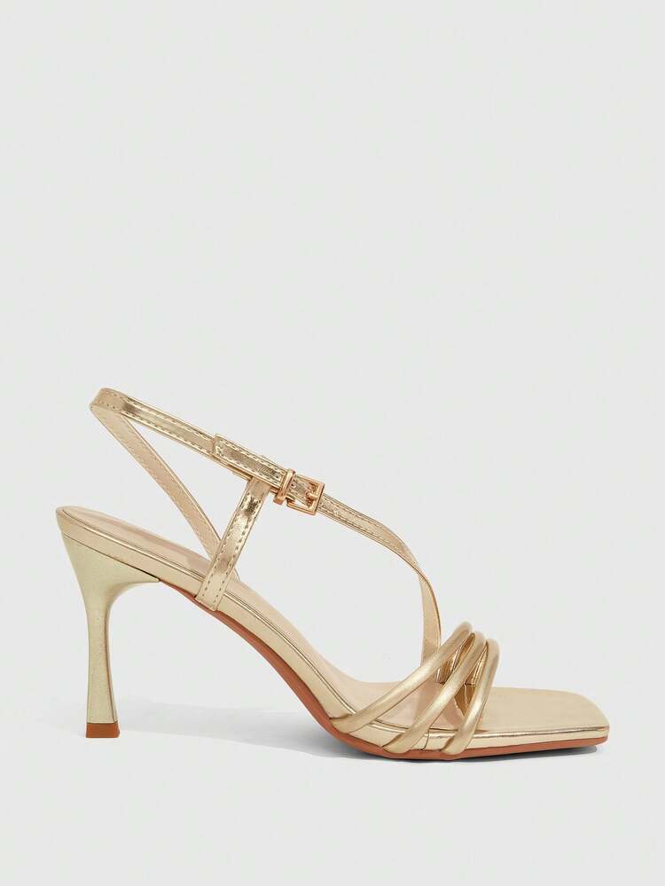 CUCCOO SZL New Gold Thin Heel Square Toe Fashionable Versatile Women's High Heel Sandals
