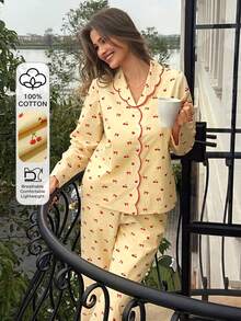 DAZY 2pcs Cute Bow & Cherry Print Contrast Color Embroidered Collar Women Pajama Set, Spring/Summer - Yellow - View 5