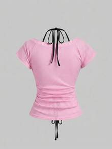 ROMWE Avant Sporty Sexy Y2K 2-Piece Set, V-Neck Contrast Color Halter Tie T-Shirt For Women - Pink - View 5