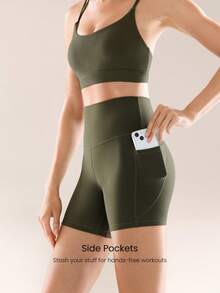 GLOWMODE 6" FeatherFit™ Flex Biker Shorts With Side Pockets Low Impact Yoga Pilates Daily - Army Green - View 3
