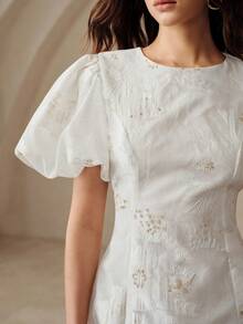 BELROSIE Summer French Style White Gold Mini Dress,Elegant Puff Sleeve Jacquard,3D Embroidered Floral Beaded Sequin,Waist-Cinching Fitted,Brunch Party Wedding - White - View 2