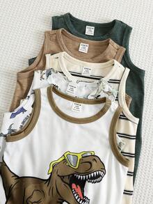 SHEIN Set de 5 piezas para bebé niño recién nacido de verano: Enterizo de punto con estampado de dibujos animados y rayas, sin mangas; Conjunto básico de bodys; Enterizo con diseño de dinosaurio; Shorts de enterizo a rayas - Multicolor - Ver 4