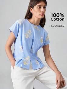 Ontre Áo nữ màu mơ đặc biệt, chất liệu vải dệt họa tiết sóng, cổ tròn, không tay, dáng chữ H, phong cách thành thị năng động, công sở, đi làm, thời trang cao cấp, chất liệu sang trọng, mang đến vẻ ngoài thanh lịch. - Màu xanh lam - Xem 4