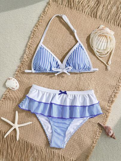 SHEIN Tween Girls' Vacation Blue & White Striped Print Patchwork Tie-Front Double-Layer Ruffle Bow Decor Bikini 2-Piece Set