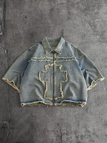 AXEPEAK Men's Casual Washed Cross Patch Denim Shirt - Blue - View 6