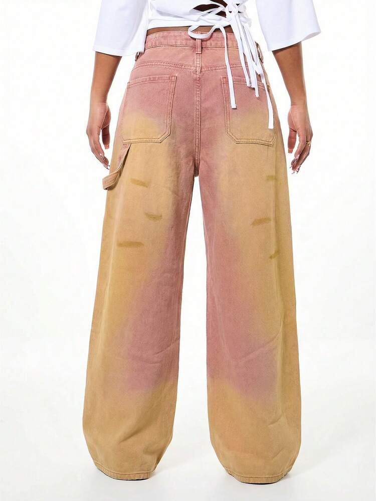SUMWON WOMEN Jeans de pierna ancha con efecto rasgado de macramé de mezclilla con detalles desgastados y cordones laterales, estilo bohemio de festival