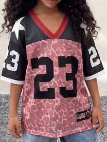 Coolane Kids 少女夏季节日复古街头运动风印花超大棒球衫T恤，豹纹上衣，秋季服装，猎豹纹上衣，豹纹上衣 - 粉色 - 查看 2