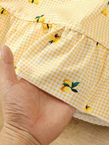 SHEIN Girls' Lemon Print Dress,Summer Fairy White Plaid Holiday,Flutter Sleeve,Ruffle Hem,Back Bow Cutout,Casual & Matching For Family Vacation,Fresh Cute - Yellow - View 8