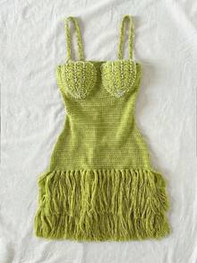 Soleia Đầm ngắn ôm sát dáng vỏ sò, viền tua rua, dây mảnh, phong cách Bohemian, Boho, thích hợp cho kỳ nghỉ, mùa xuân/hè, ngày Valentine, hẹn hò. - màu xanh lá - Xem 4