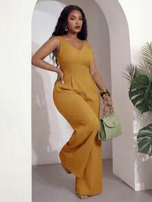 Veslaya Plus Size Women's Mustard Yellow V-Neck Sleeveless Wide Leg Jumpsuit,Summer Smart Casual Party Elegant For Music Festivals,Vacations,Beach,Weddings - Yellow - View 4