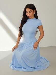 SHEIN PETITE Women's Summer Simple Solid Color Pleated A-Line Dress,Summer Dresses For Women - Baby Blue - View 4