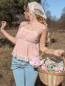 Kawaii Áo hai dây kiểu babydoll phối lưới tương phản ROMWE X Elena Katey với viền bèo nhún, thích hợp cho học sinh. - Hồng - Xem 6
