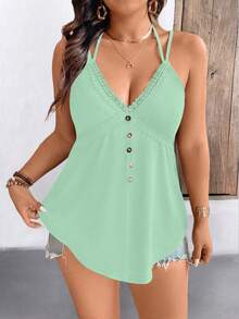 SHEIN LUNE Áo hai dây màu trơn tương phản cỡ lớn cho nữ - màu xanh lá - Xem 1