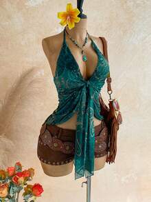 Soleia Women's Vacation Cashew Print Knot Front Halter Neck Camisole - Multicolor - View 6
