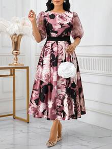 SHEIN Lady 女士印花圆领短袖优雅中长连衣裙 - 粉色 - 查看 4