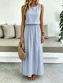 Vestido de mujer de cuello redondo sin mangas de unicolor, casual y de oficina, con cintura ceñida y bajo con abertura, vestido largo - Multicolor 8 - Ver 9