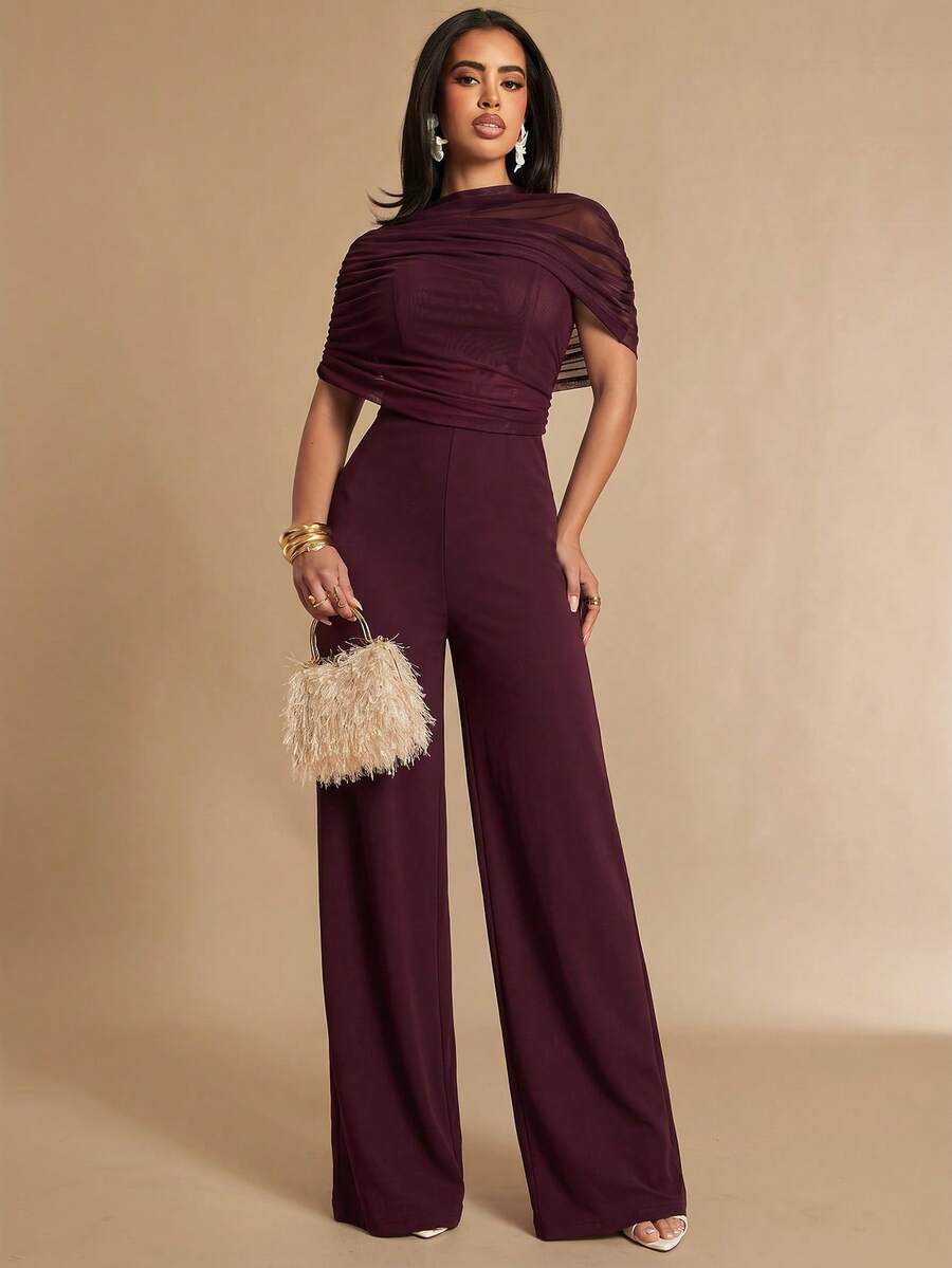 Silquee Women's Solid Color Pleated Wide Leg Elegant Jumpsuit - Maroon - View 1