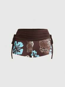 ROMWE Avant Y2K Alt Beach Vacation Coconut Girl English Low Waist Super Short Drawstring Brown And Blue Hibiscus Leopard Print Women Shorts Summer - Brown - View 1