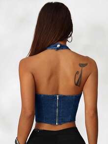 SHEIN ICON Women's Casual Halter Neck Tight Fit Stretchy Blue Denim Blouse - Dark Wash - View 2