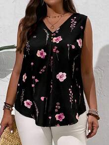 EMERY ROSE Plus Size Summer Countryside V-Neck Floral Printed Summer Sleeveless Blouse, Casual - Black - View 1