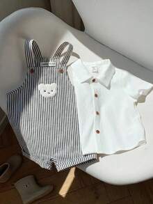 SHEIN 2件套男/女婴舒适休闲可爱白色短袖衬衫和条纹背带短裤套装，适合室内、室外、日常、运动、玩耍、派对、拍照、度假、春夏穿着。 - 彩色 - 查看 1