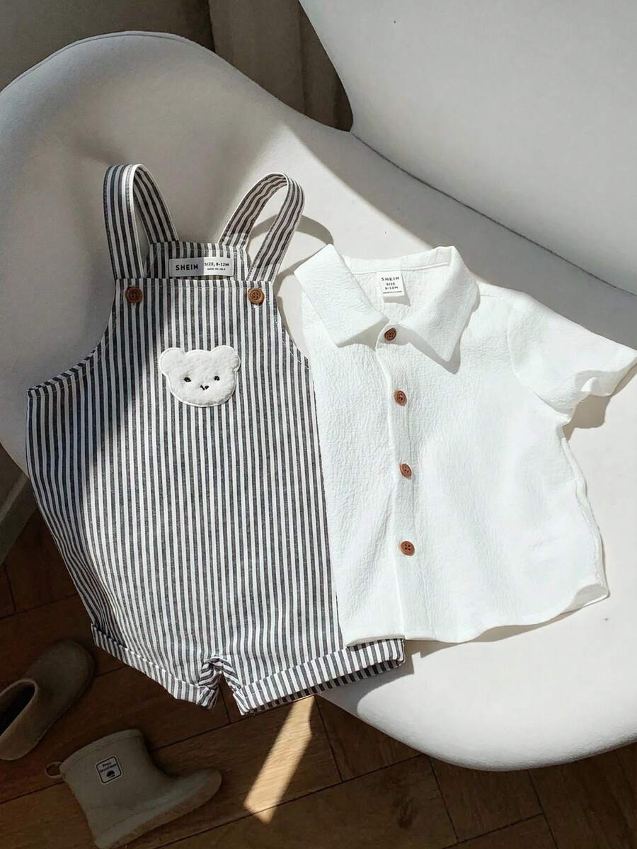 SHEIN 2件套男/女婴舒适休闲可爱白色短袖衬衫和条纹背带短裤套装,适合室内、室外、日常、运动、玩耍、派对、拍照、度假、春夏穿着。 - 彩色 - 查看 1