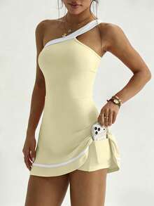 Gameset SHEIN Sport Yellow Summer Casual Workout Sports Dress,Contrast Color One Shoulder Ruffle Hem,Contrast Stripe Detachable Shorts With Pockets For Yoga,Gym,Tennis - Yellow - View 4